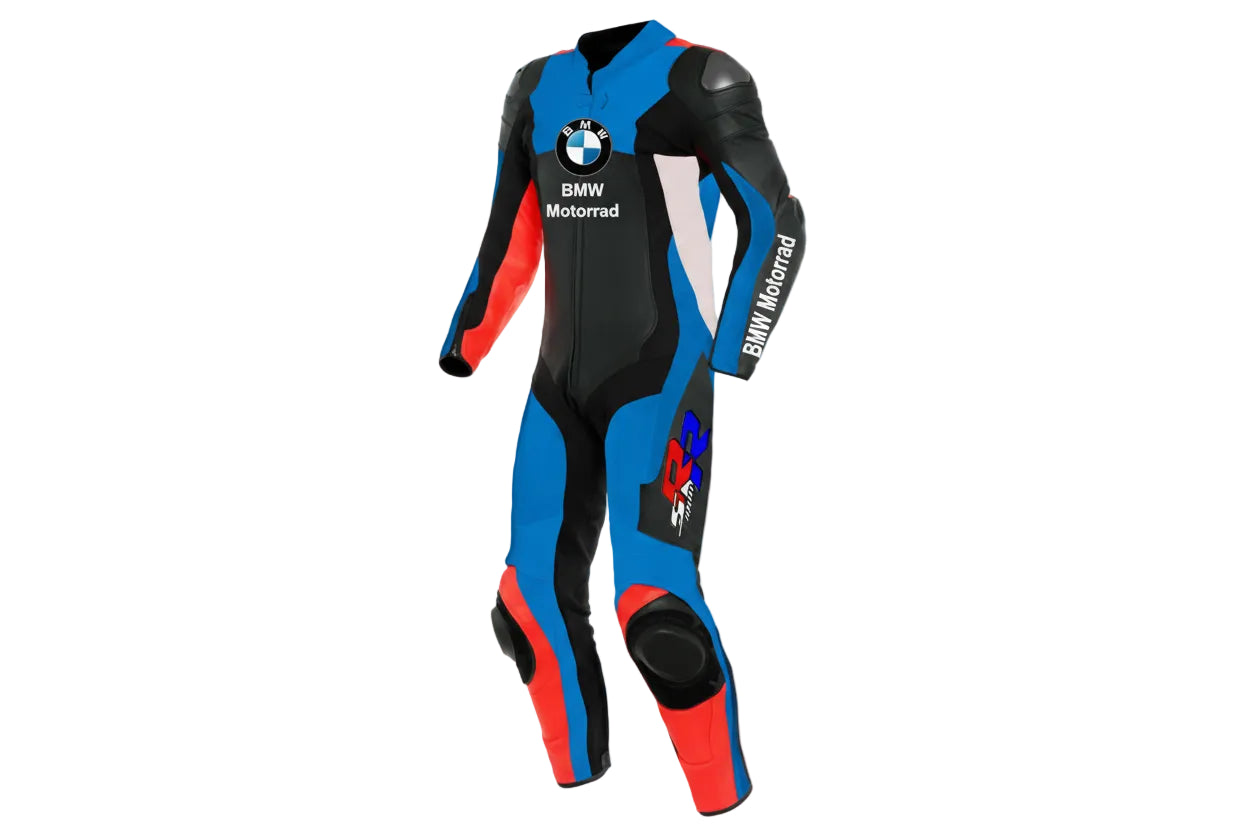 BMW Motorrad S1000RR one-piece leather racing suit in blue, black, and red with integrated armor.