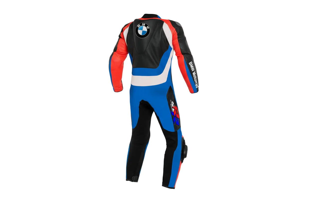 Professional BMW track gear featuring a high-performance M-Sport livery and aerodynamic protective sliders.