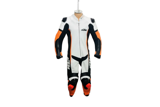 KTM professional one-piece leather racing suit in white and orange with track armor.