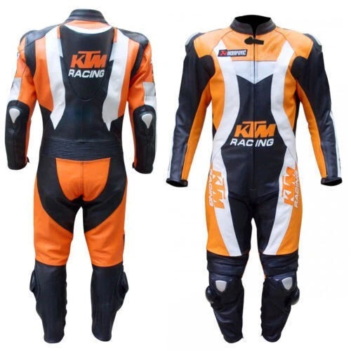 KTM one-piece leather racing suit in orange, white, and black with track armor.