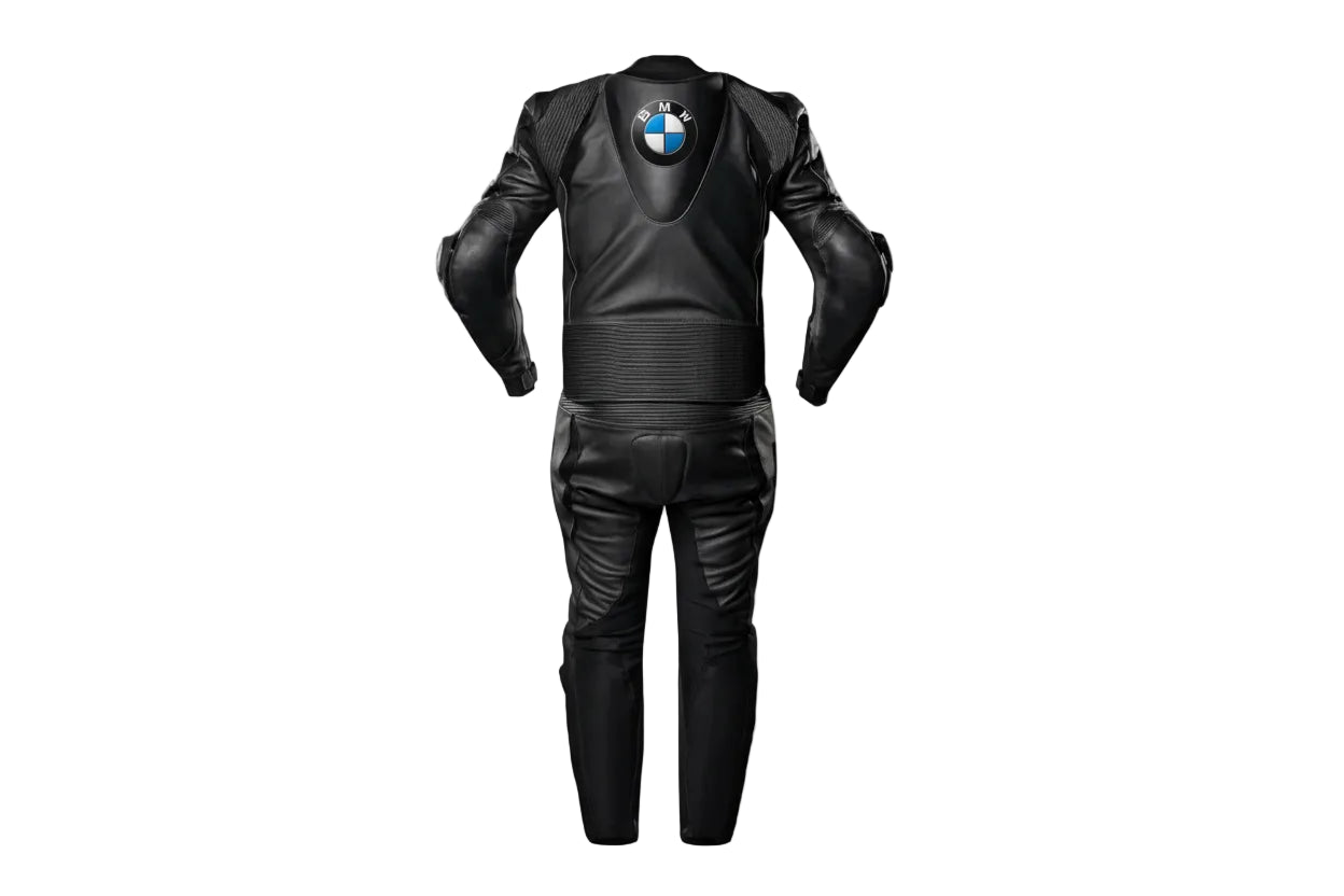 Detailed view of the BMW chest logo, perforated leather panels, and black accordion stretch sections on a professional racing suit.